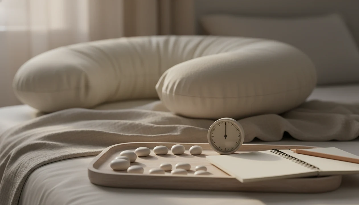 Ten counting stones, a blank notebook, and a timer on a calm bedside tray for fetal movement tracking.