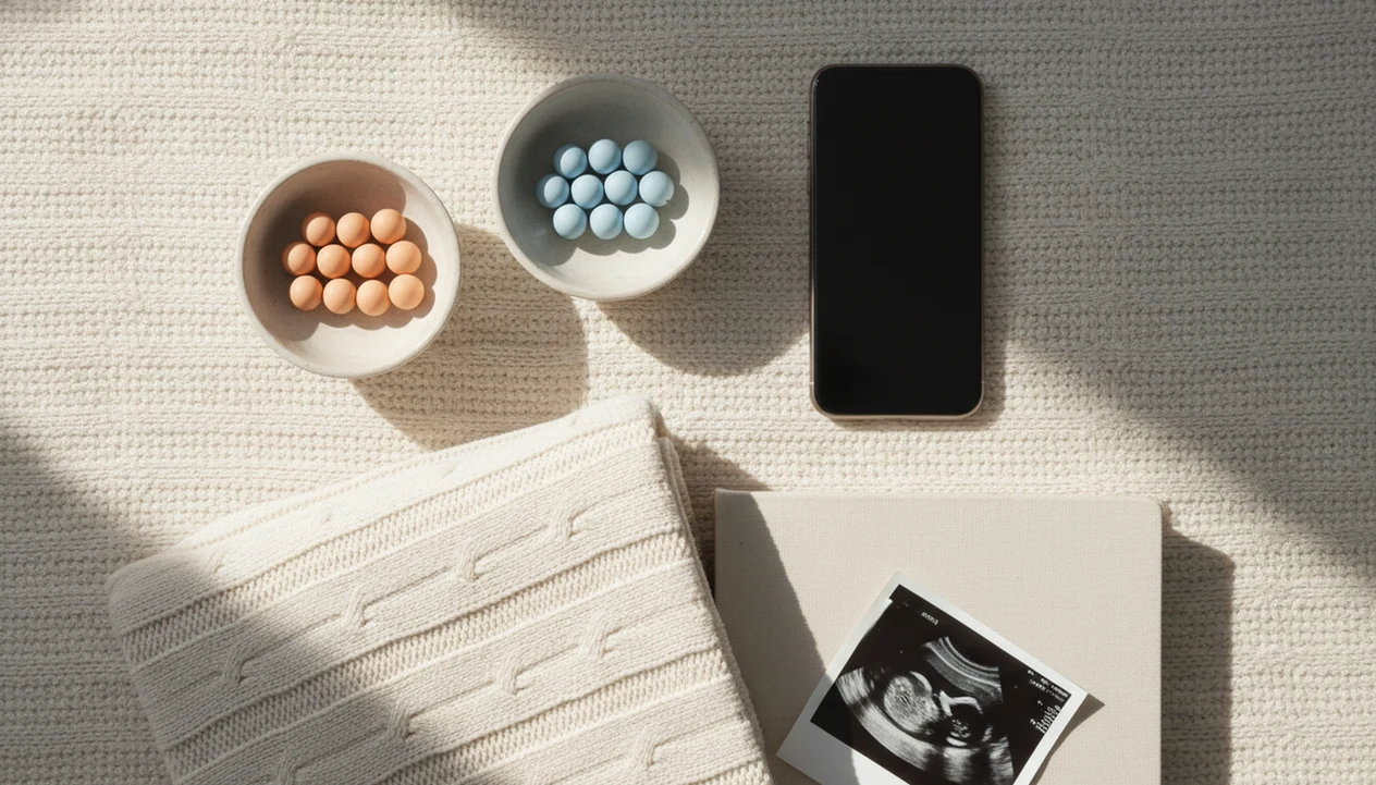 A blank phone sits beside two separate bowls of counting beads for tracking twin movements.