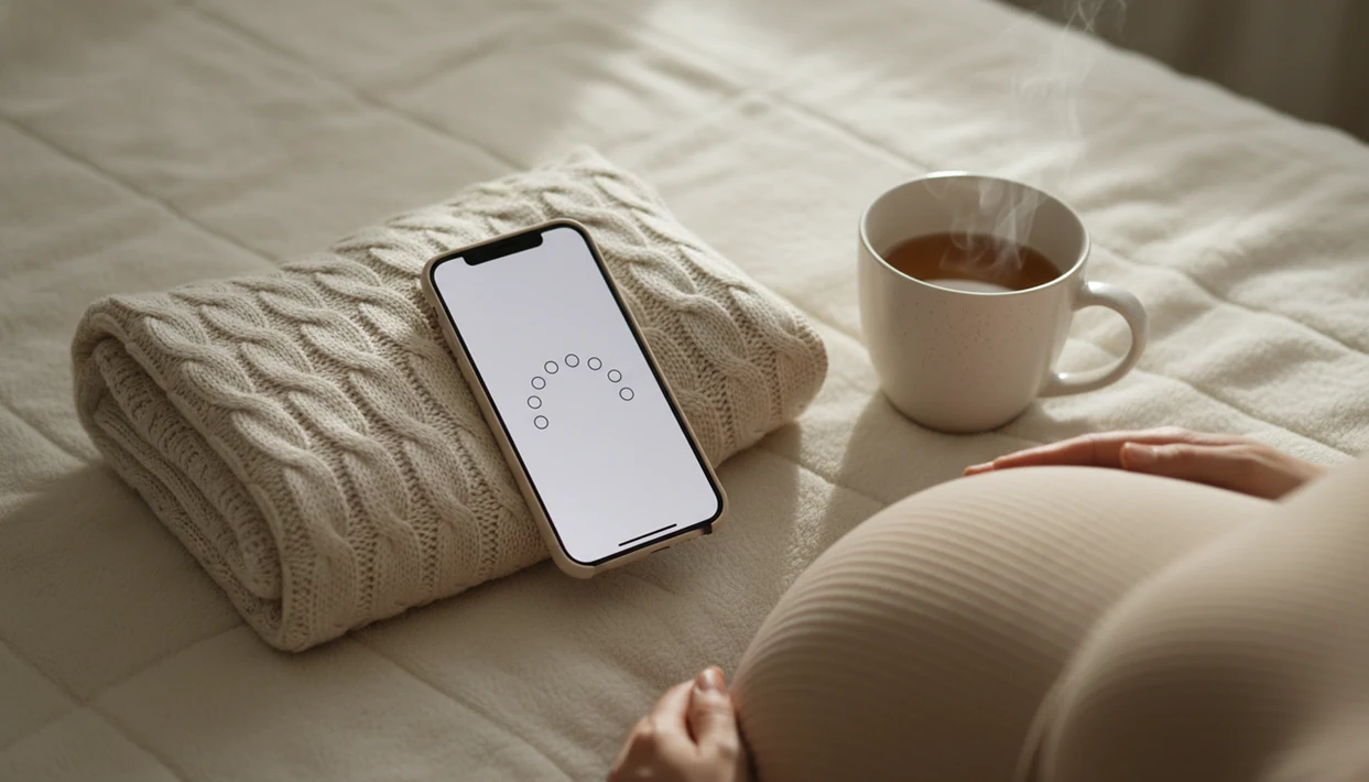 A phone with a simple ten-dot counter rests beside a pregnant belly during a calm kick-counting routine.