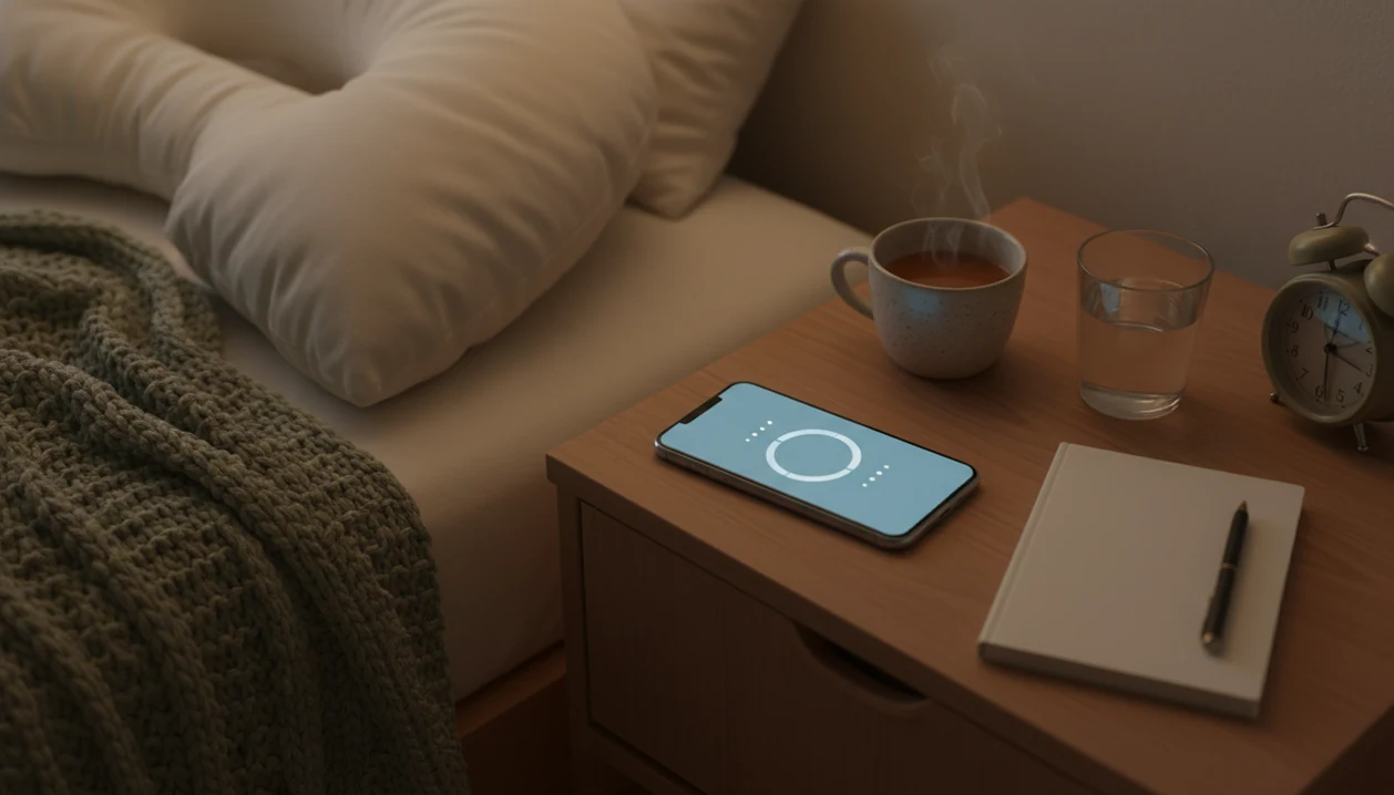 A bedside table shows a phone timer, notebook, tea, and clock arranged for an evening kick count routine.