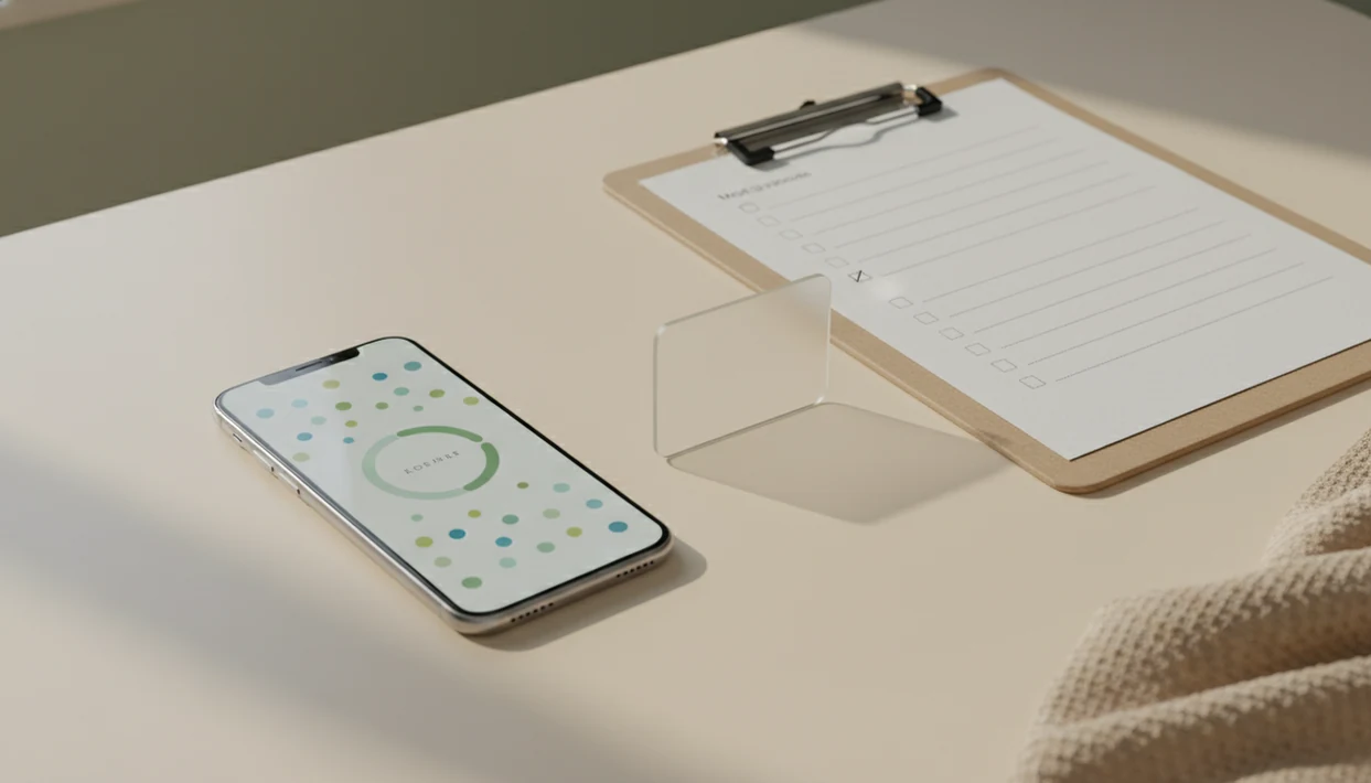 A phone with abstract kick-tracking dots sits beside blank medical paperwork and a baby blanket.