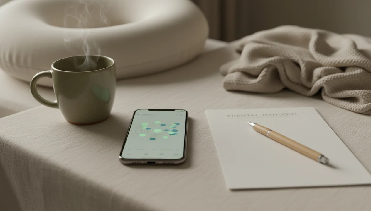 A phone, blank prenatal handout, and pen arranged calmly as tools for tracking fetal movement.