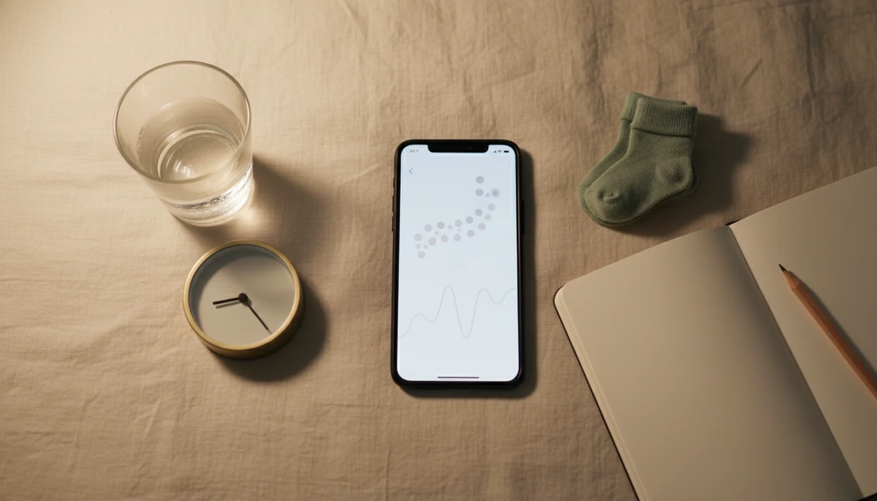 A smartphone on a bedside blanket with baby socks and simple movement-tracking dots on the screen.