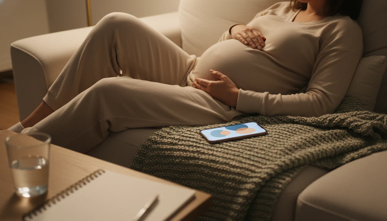 Pregnant person resting on a couch with an iPhone nearby for a quiet kick counting routine.