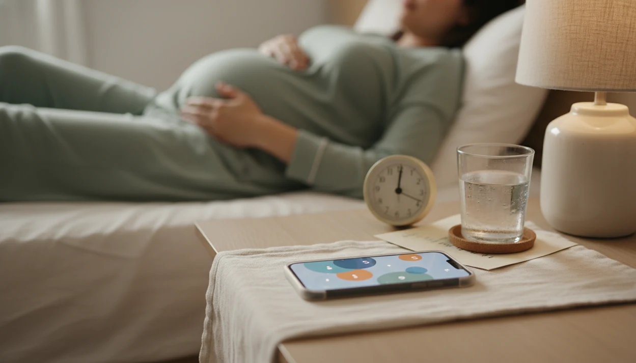 A bedside phone reminder setup sits near a clock while a pregnant person rests softly in the background.