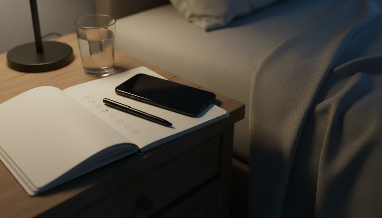 A dark phone beside an unfinished kick count notebook on a bedside table at night.
