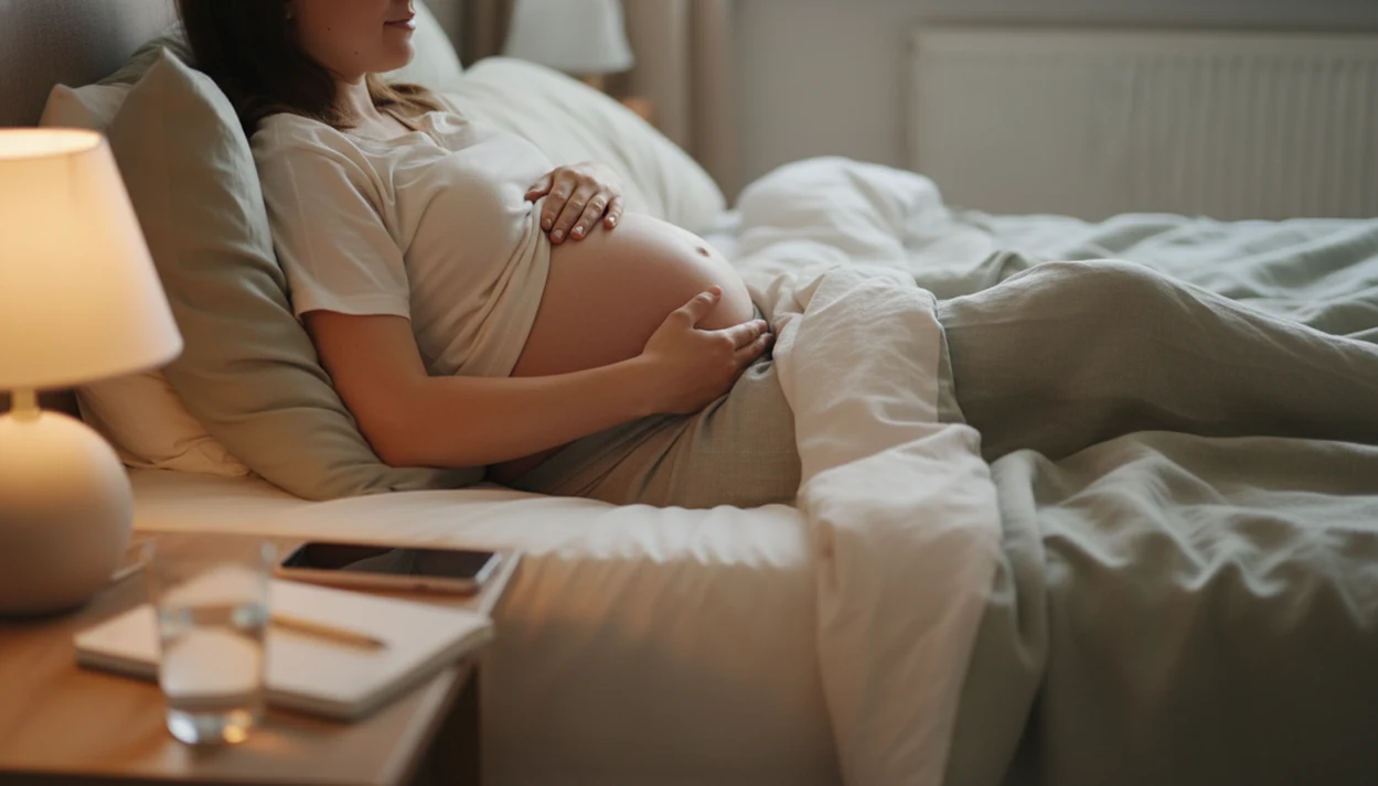 A pregnant person rests in bed beside a phone, notebook, water glass, and warm bedside lamp.
