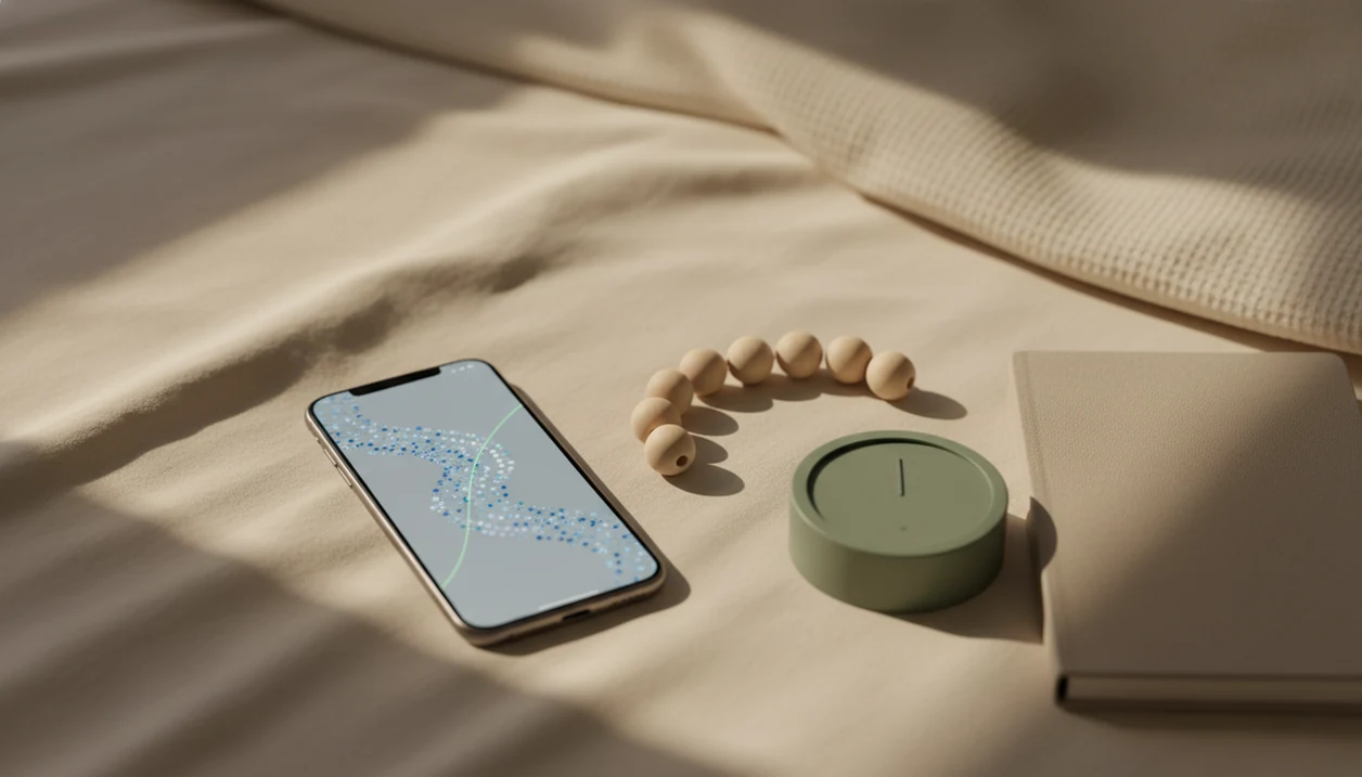 A phone, timer, and ten wooden beads arranged for a calm fetal kick counting routine.