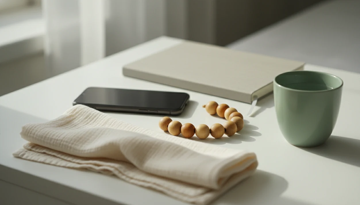 A phone rests beside ten wooden beads on a calm bedside table, suggesting simple daily kick counting.