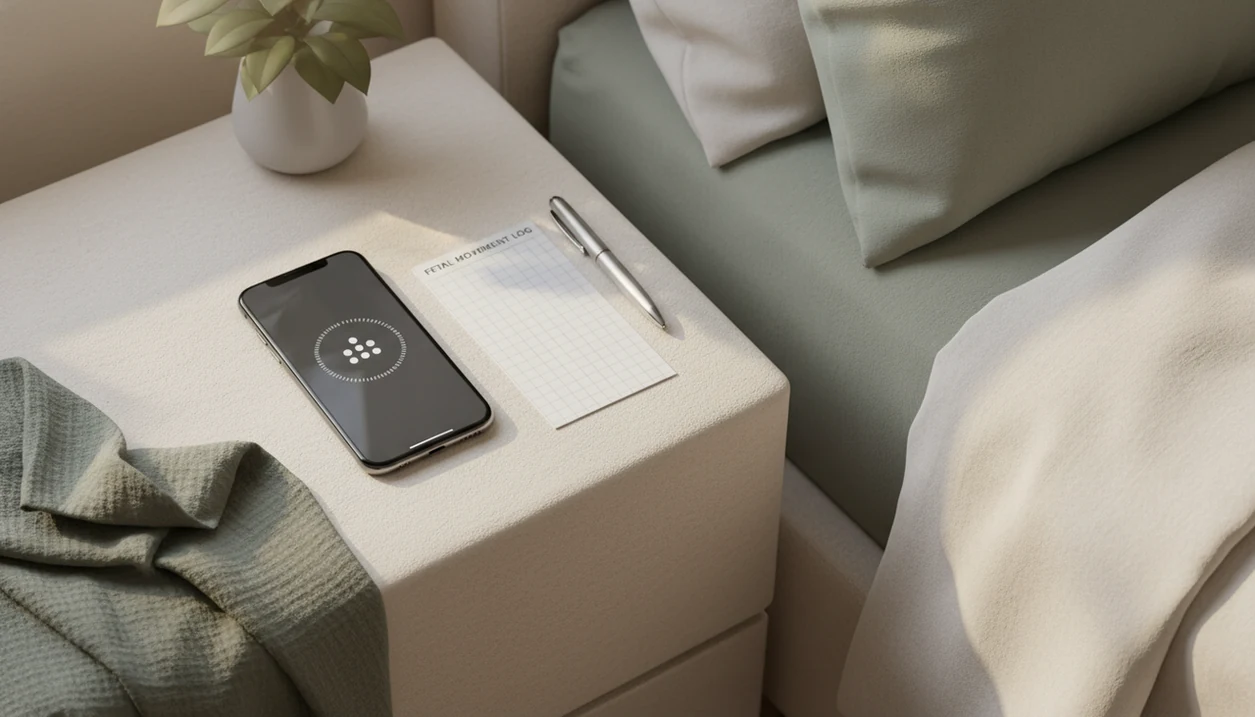 A phone on a bedside table shows an abstract movement tracking screen beside a blank log card and pen.