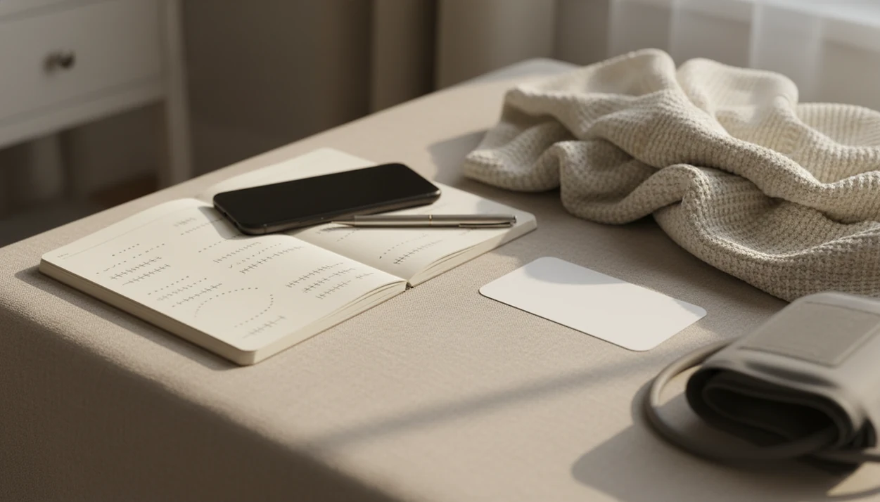 A phone, notebook, and blank appointment card suggest tracking kicks while relying on clinical care.