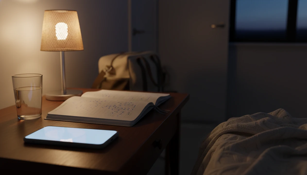 A bedside phone, movement notebook, and baby blanket sit ready in dim nighttime light.