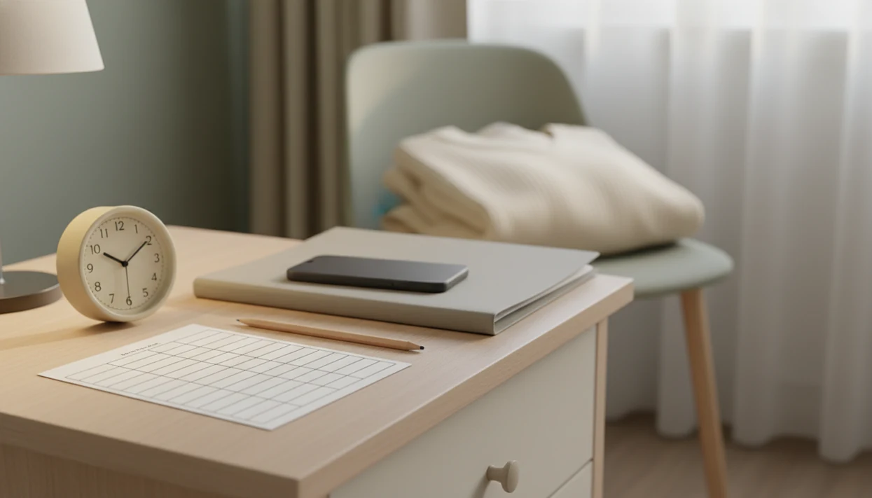 A bedside still life shows a blank kick-count card, pencil, clock, and phone ready for urgent contact.