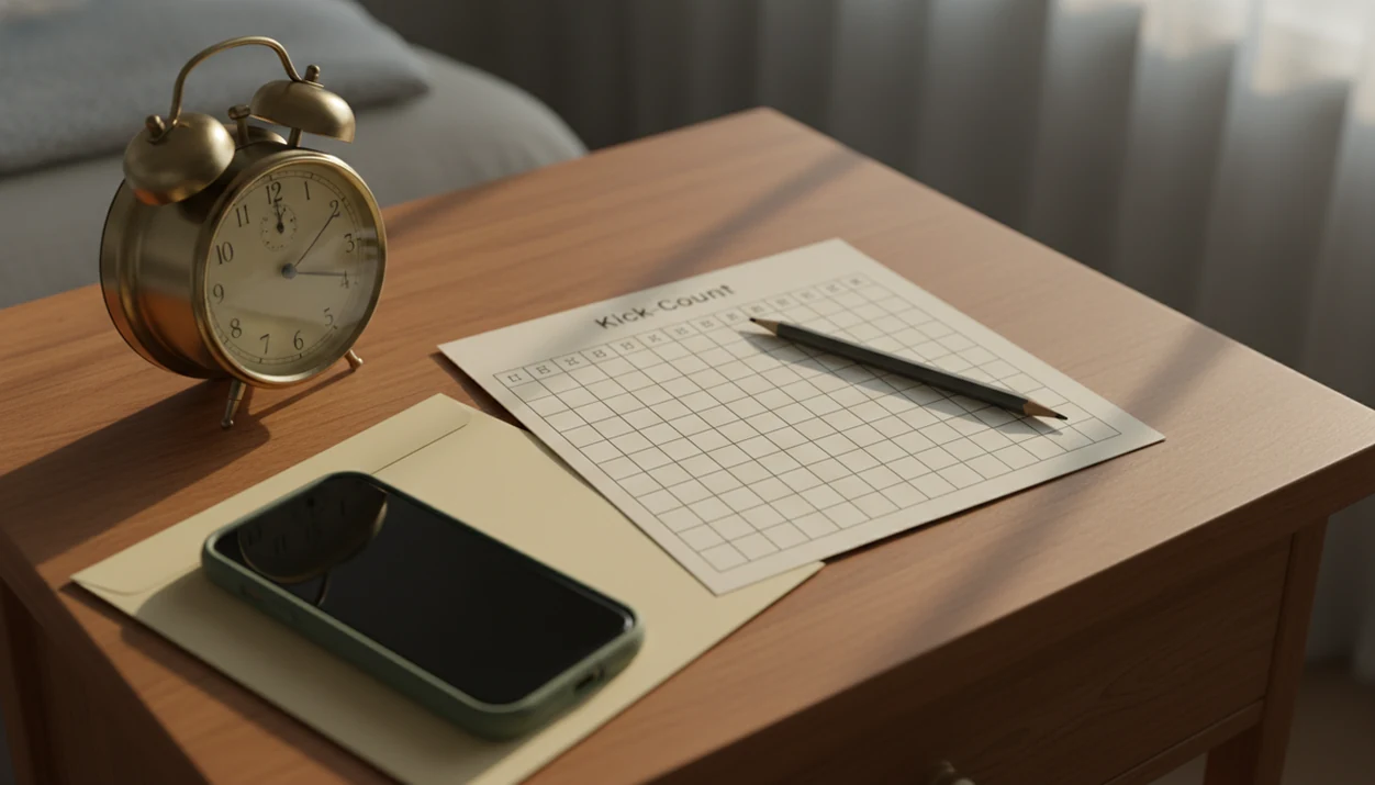 A bedside kick-count setup with a clock, pencil, papers, and phone ready for a call.
