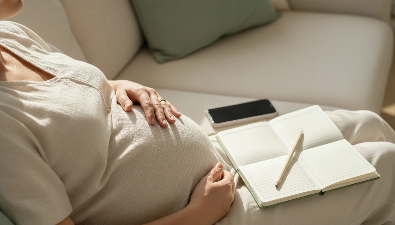 A pregnant person rests a hand on their bump beside a simple movement tracking journal.