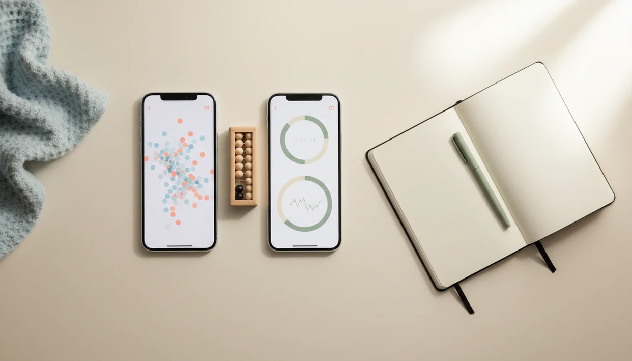 Two phones beside a bead counter and pregnancy journal suggest comparing kick counter apps.