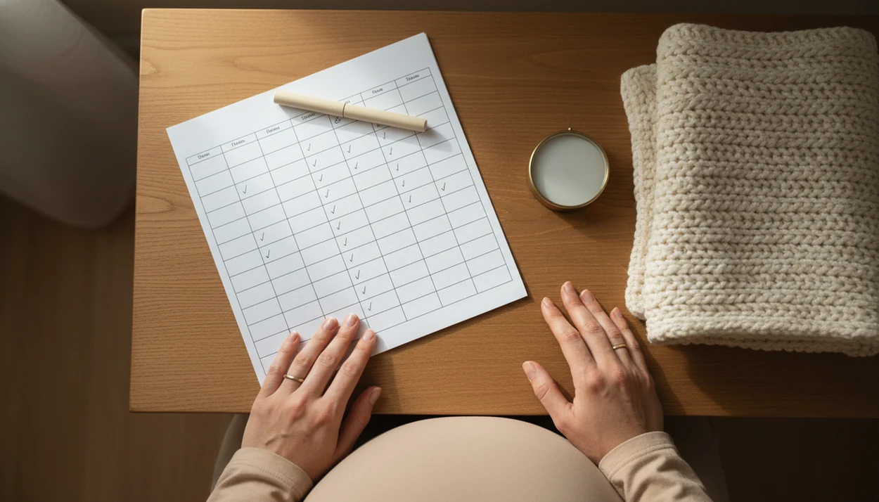A daily kick count log, pen, timer, and baby blanket arranged on a bedside table.
