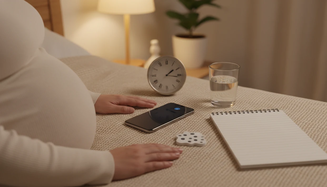 A phone glows beside a clock and notebook during a calm evening pregnancy kick count routine.