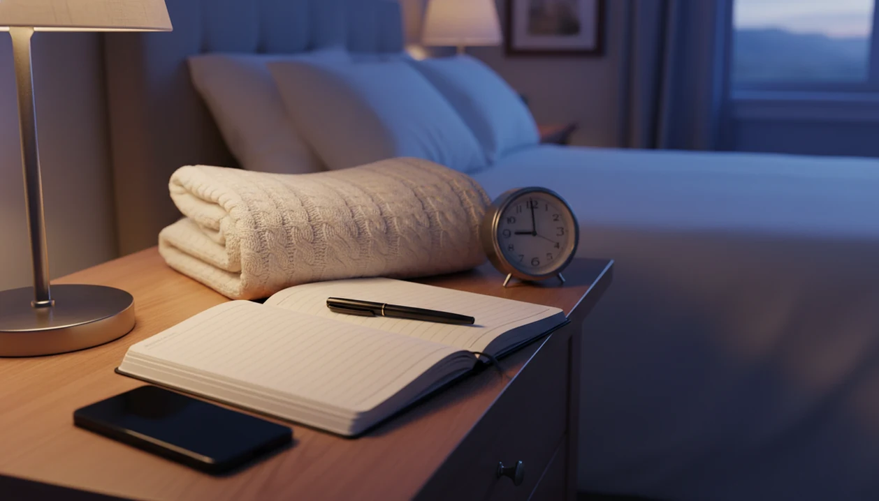 A phone, blank pregnancy journal, pen, baby blanket, and clock sit on a bedside table at dusk.
