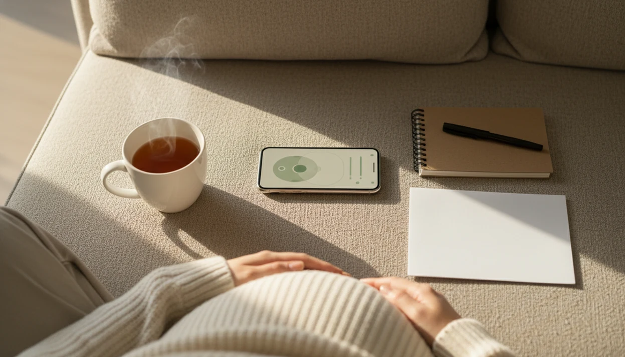 A phone, notebook, and tea sit beside a pregnant belly during a quiet kick counting routine.
