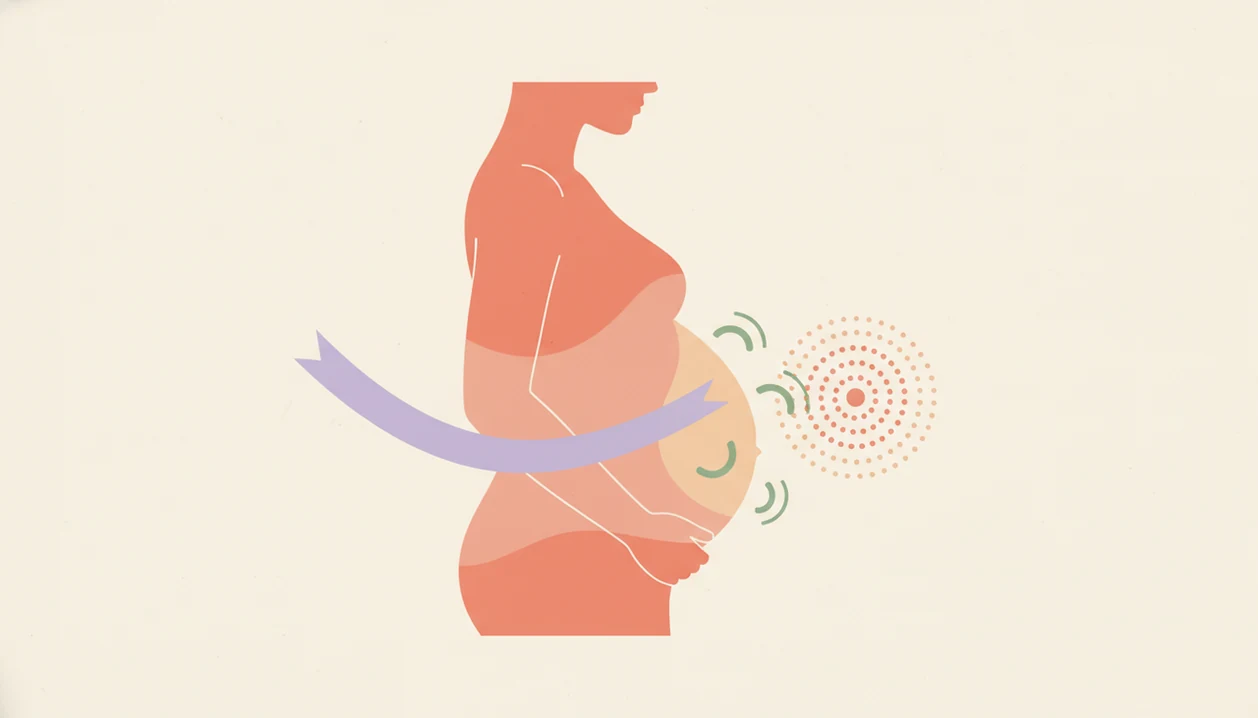 Illustration of a pregnant belly with gentle arcs showing rolls, kicks, and movement patterns.
