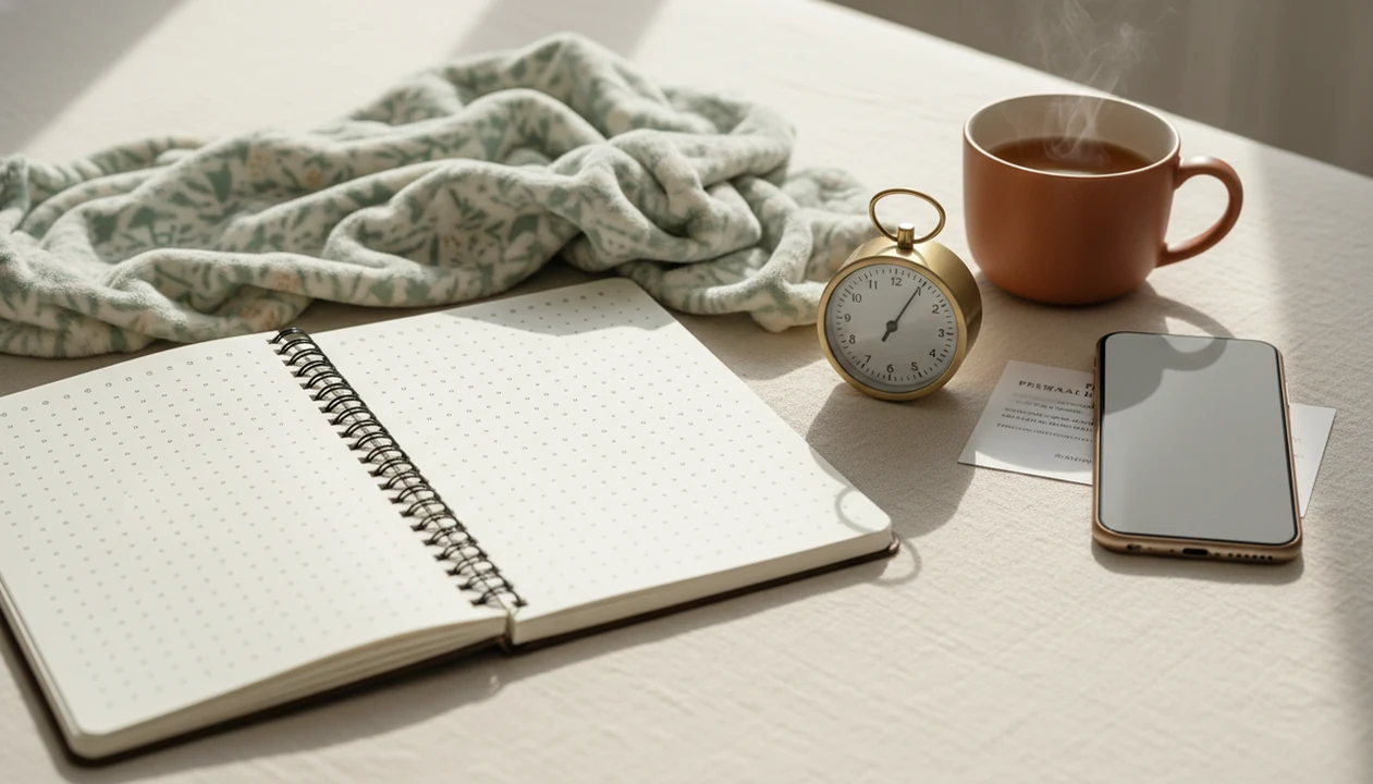A blank notebook, timer, phone, and baby blanket arranged for calm fetal movement tracking.