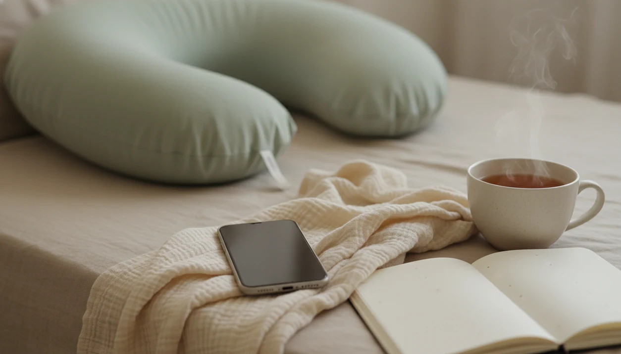 A phone, blank notebook, and soft pregnancy items sit on a calm bedside table for daily kick tracking.