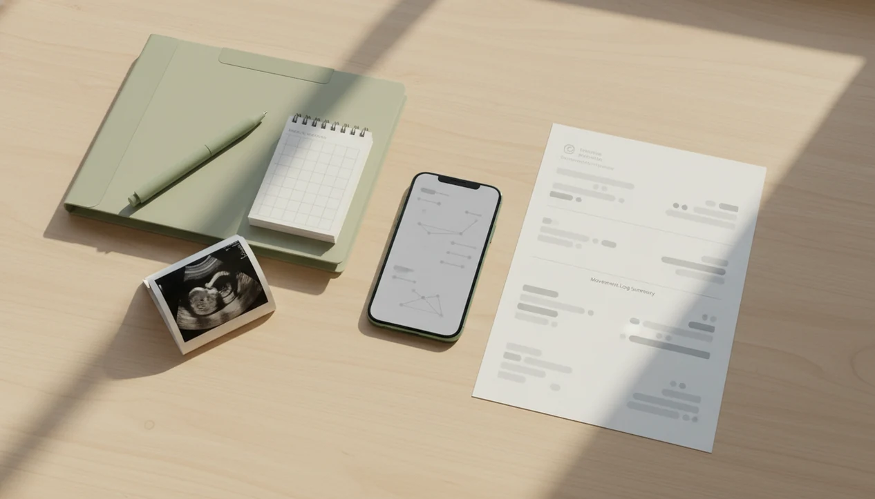 A phone and printed movement log summary arranged on a calm prenatal appointment desk.