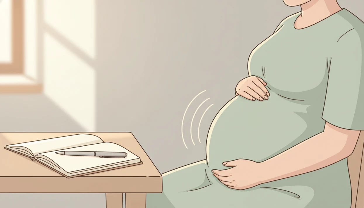 Pregnant person resting hands on belly with subtle motion marks and a blank notebook nearby.