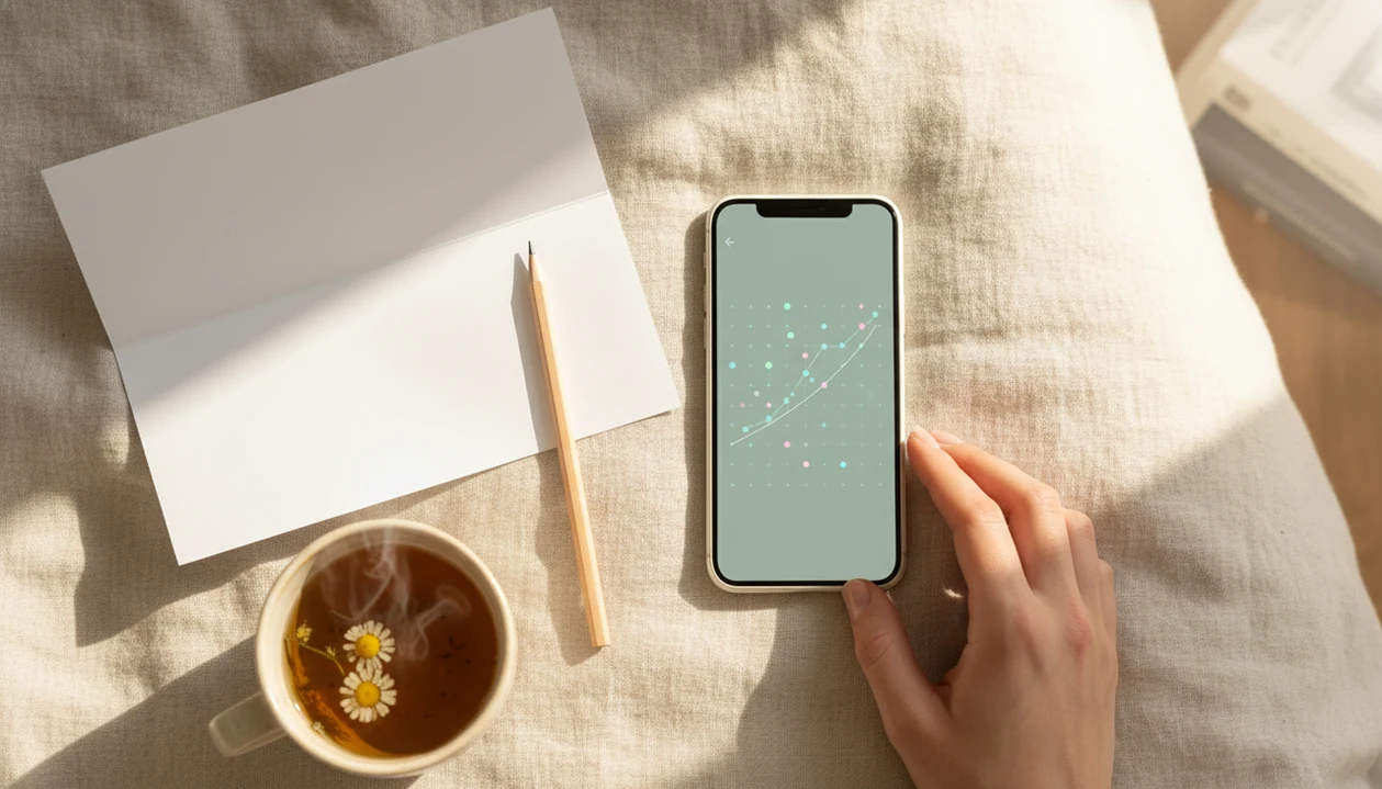 A phone on a bedside blanket shows a simple movement chart beside a blank handout and tea.