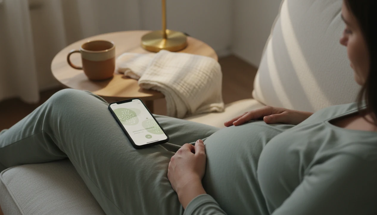 A pregnant person rests at home beside a phone showing an abstract movement log.