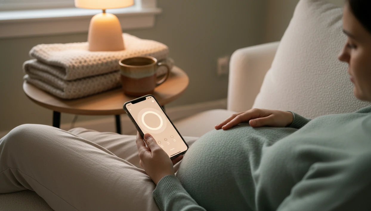 A pregnant person rests at home beside a phone set up for a quiet kick counting session.