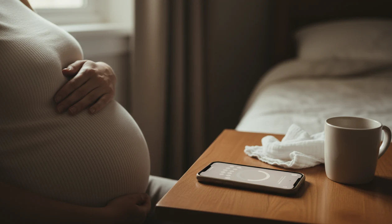 A pregnant person rests beside a phone used for tracking fetal movements in a calm home setting.