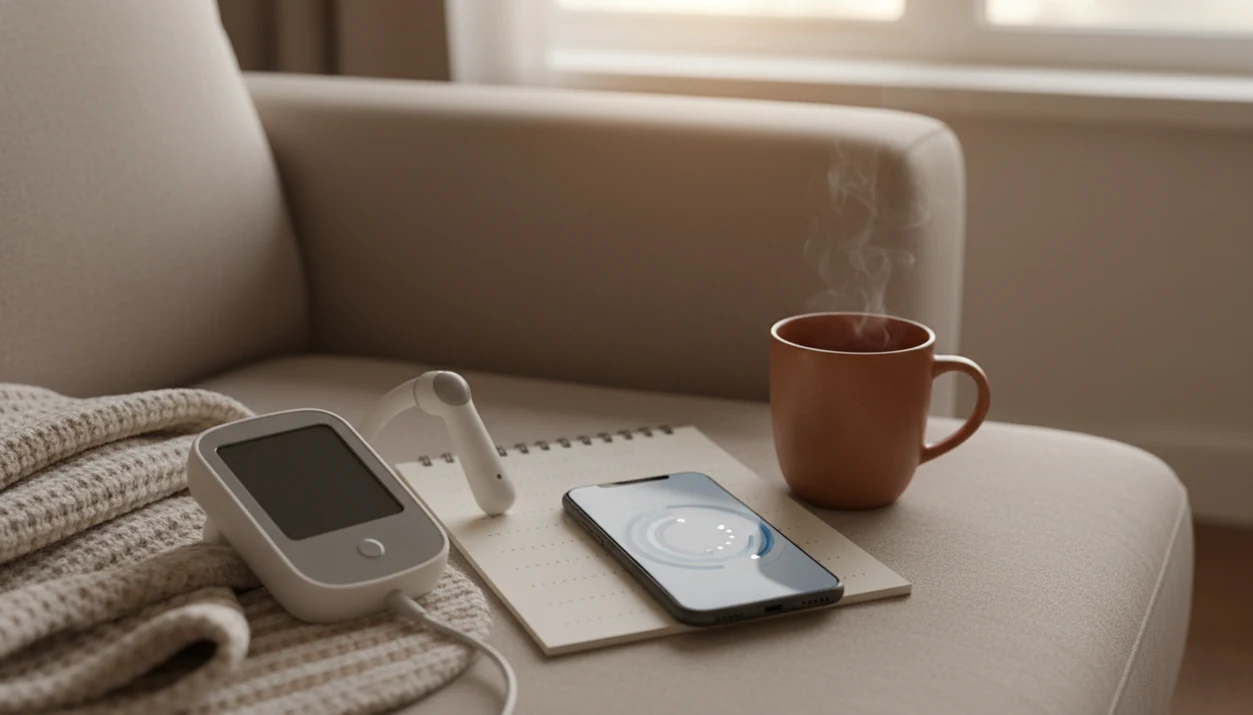 A home Doppler rests beside a phone and blank movement log on a calm sofa, suggesting fetal awareness choices.