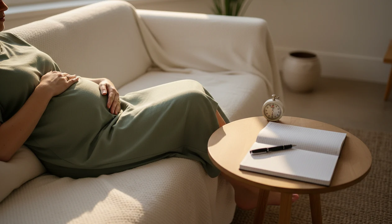 A pregnant person rests with a timer and blank log nearby for a daily baby kick count routine.
