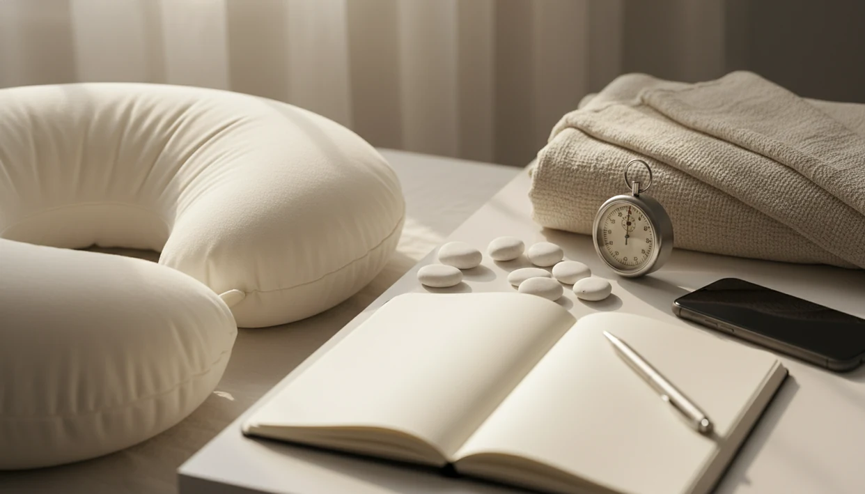 A calm bedside setup with a blank notebook, timer, and ten counting stones for tracking baby kicks.
