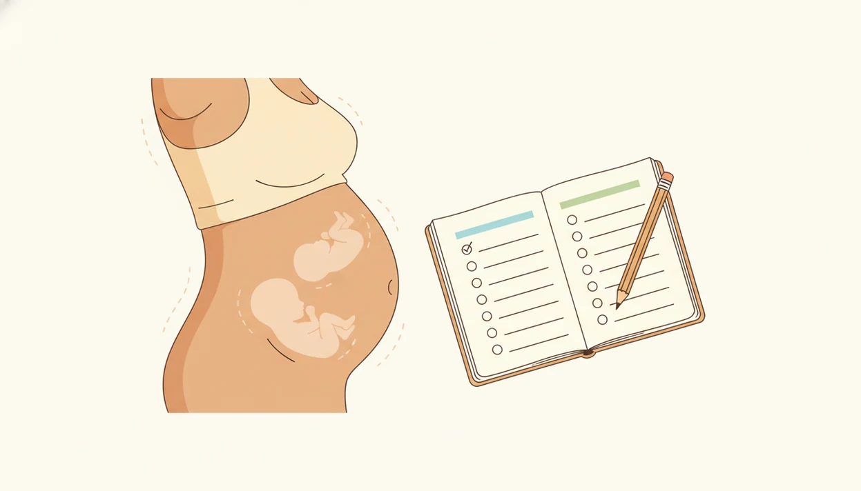 Illustration of a pregnant belly with two movement zones and a blank twin kick counting notebook.