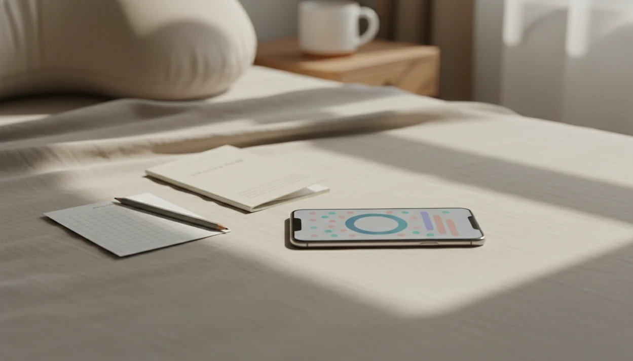 A phone, blank paper chart, and pencil are arranged for comparing app and manual kick counting.