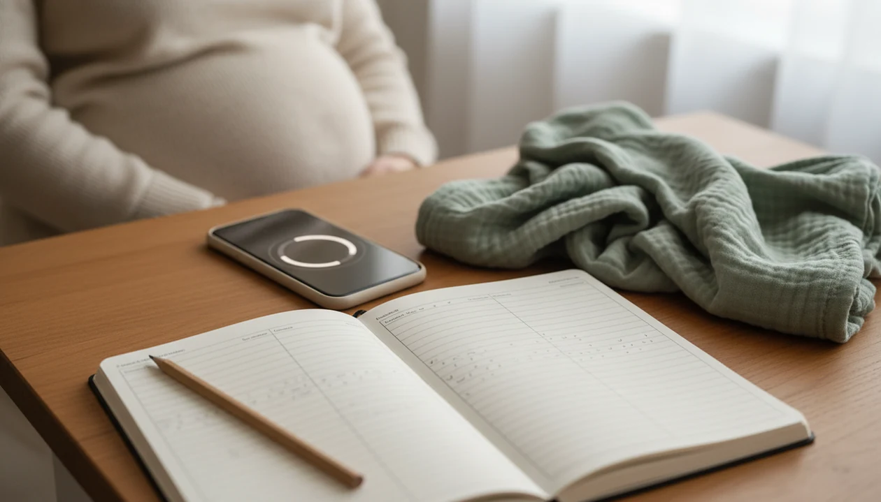 A notebook, pencil, phone timer, and baby blanket set up for daily fetal movement tracking.