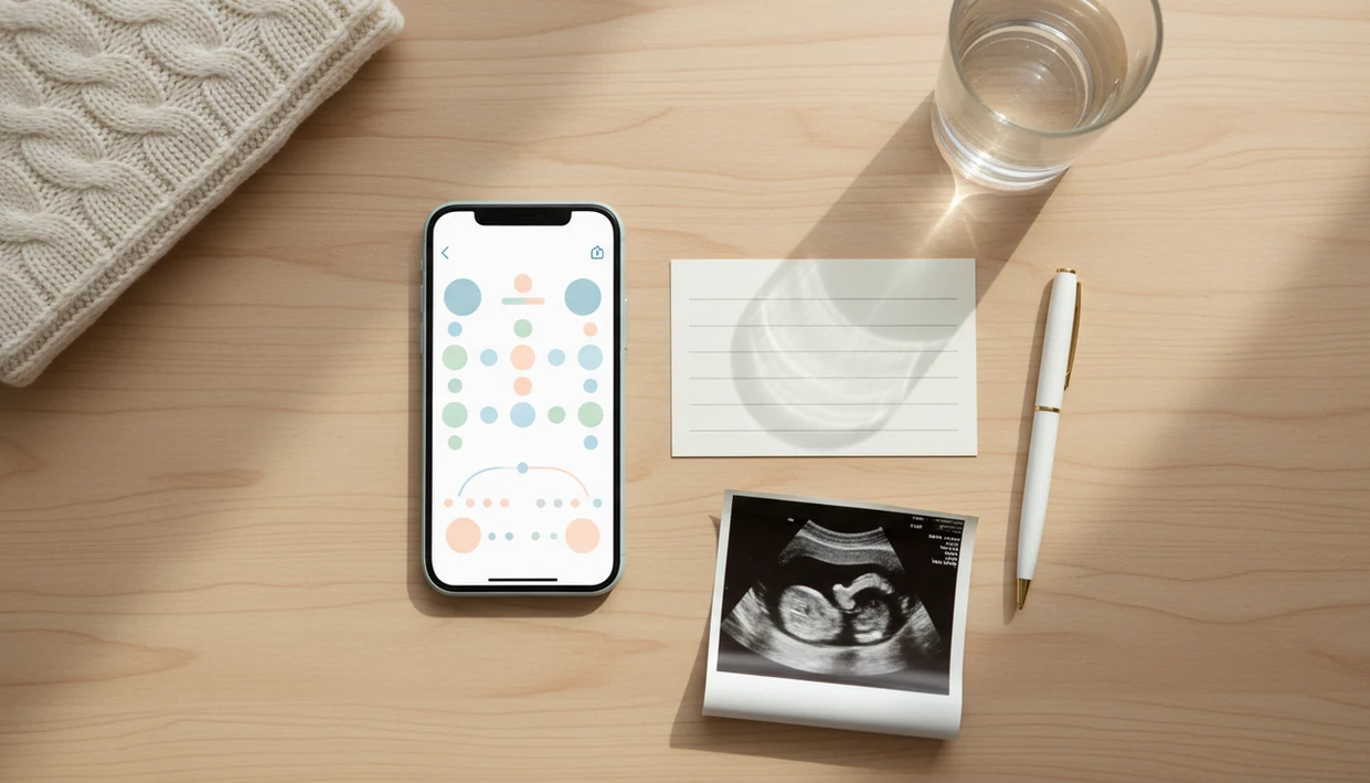 A phone, appointment card, pen, and ultrasound print arranged for prenatal kick count logging.