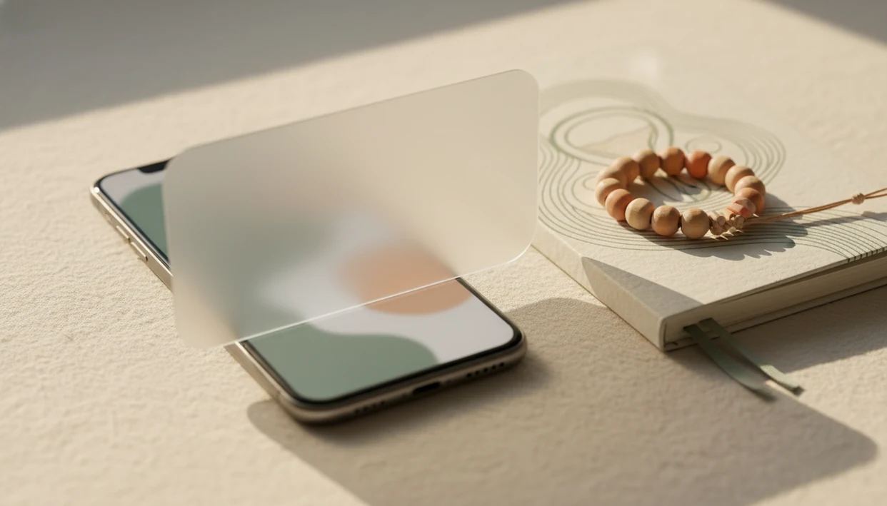 A phone, pregnancy journal, and counting beads sit under a translucent shield-like privacy screen.