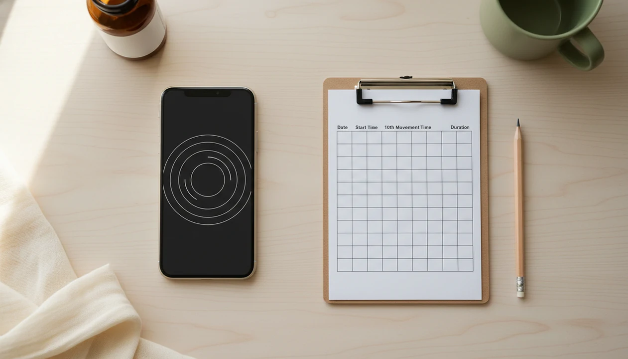 A phone kick counter and paper chart sit side by side on a calm pregnancy planning table.