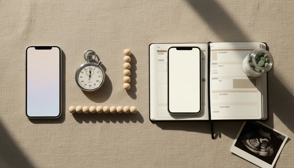 A flat lay compares focused kick counting tools with broader pregnancy planning items.