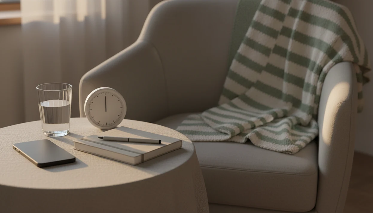 A calm bedside setup with a phone, notebook, timer, water, and baby blanket for kick counting.