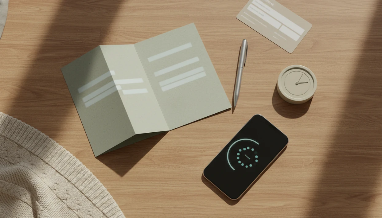 A calm tabletop setup shows a kick tracking phone, timer, pen, and provider handout.