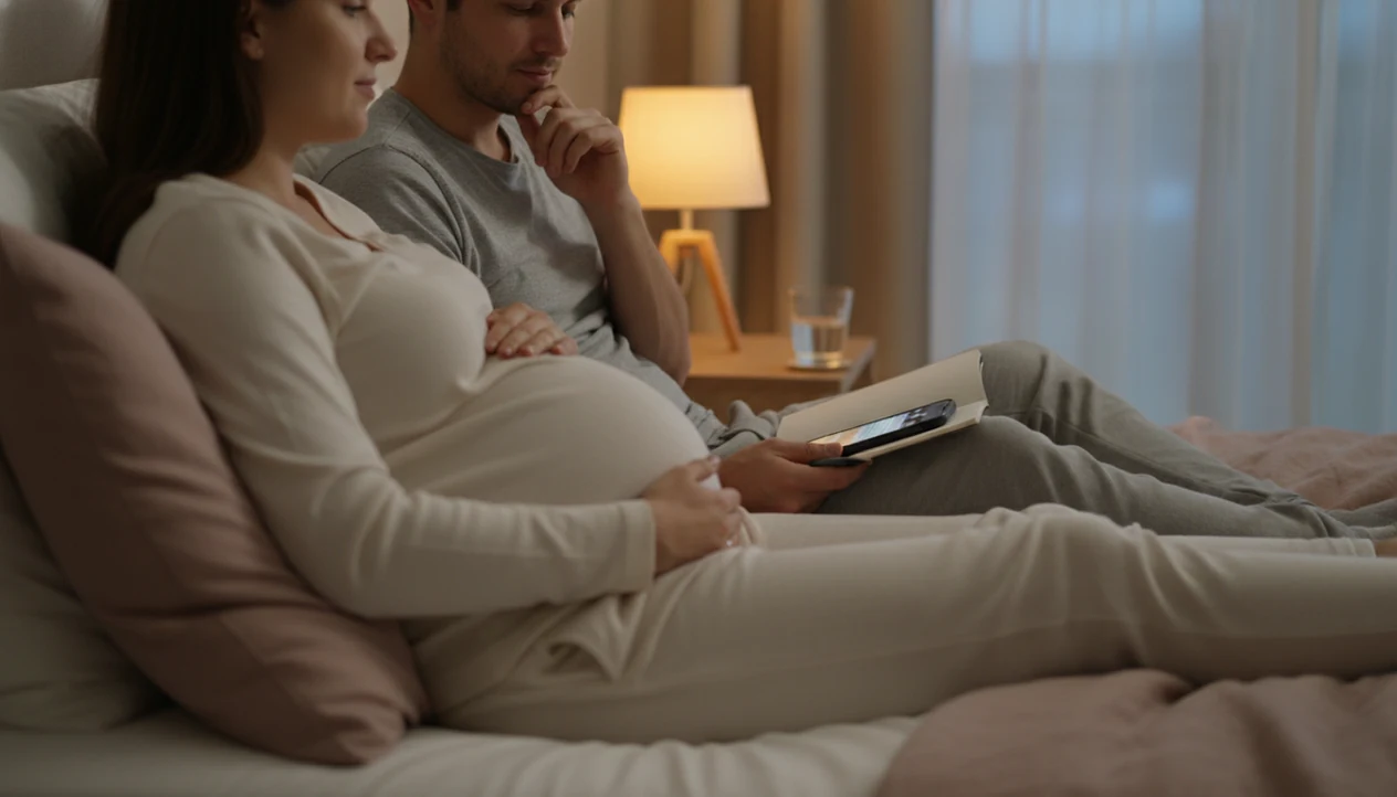 A partner sits beside a pregnant person during a quiet evening kick-count routine at home.