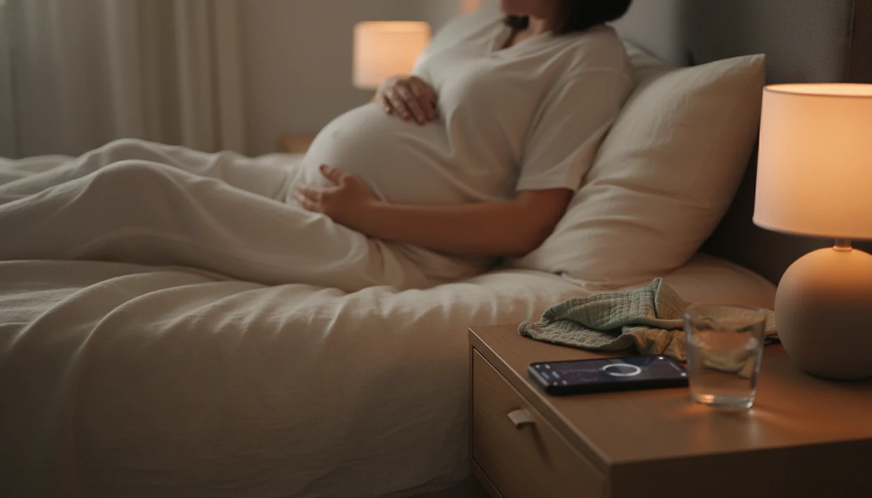 A pregnant person rests with a phone nearby, suggesting a quiet daily fetal movement tracking routine.