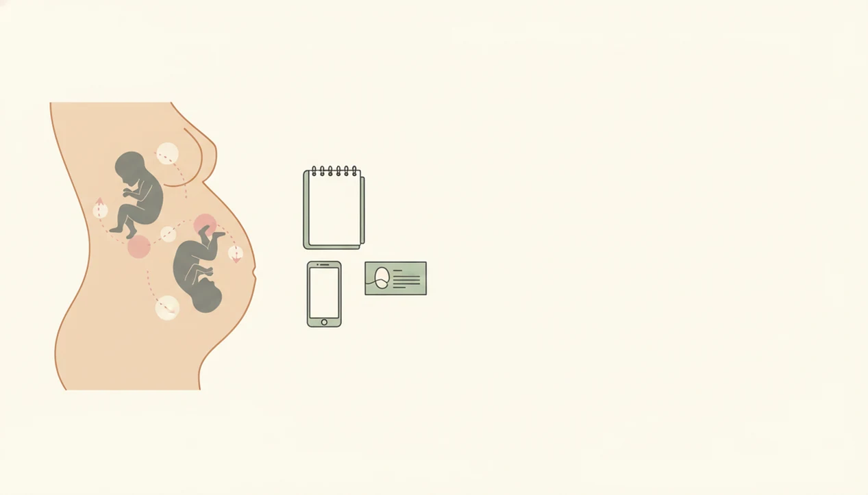 Illustration of twin fetal movement patterns with blank tracking tools and a guidance card.