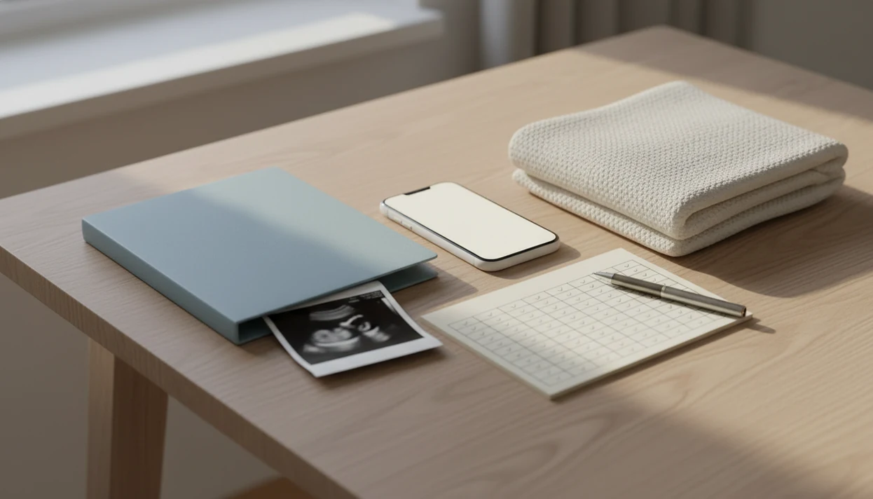A prenatal folder, phone, paper movement log, pen, and baby blanket arranged on a quiet table.