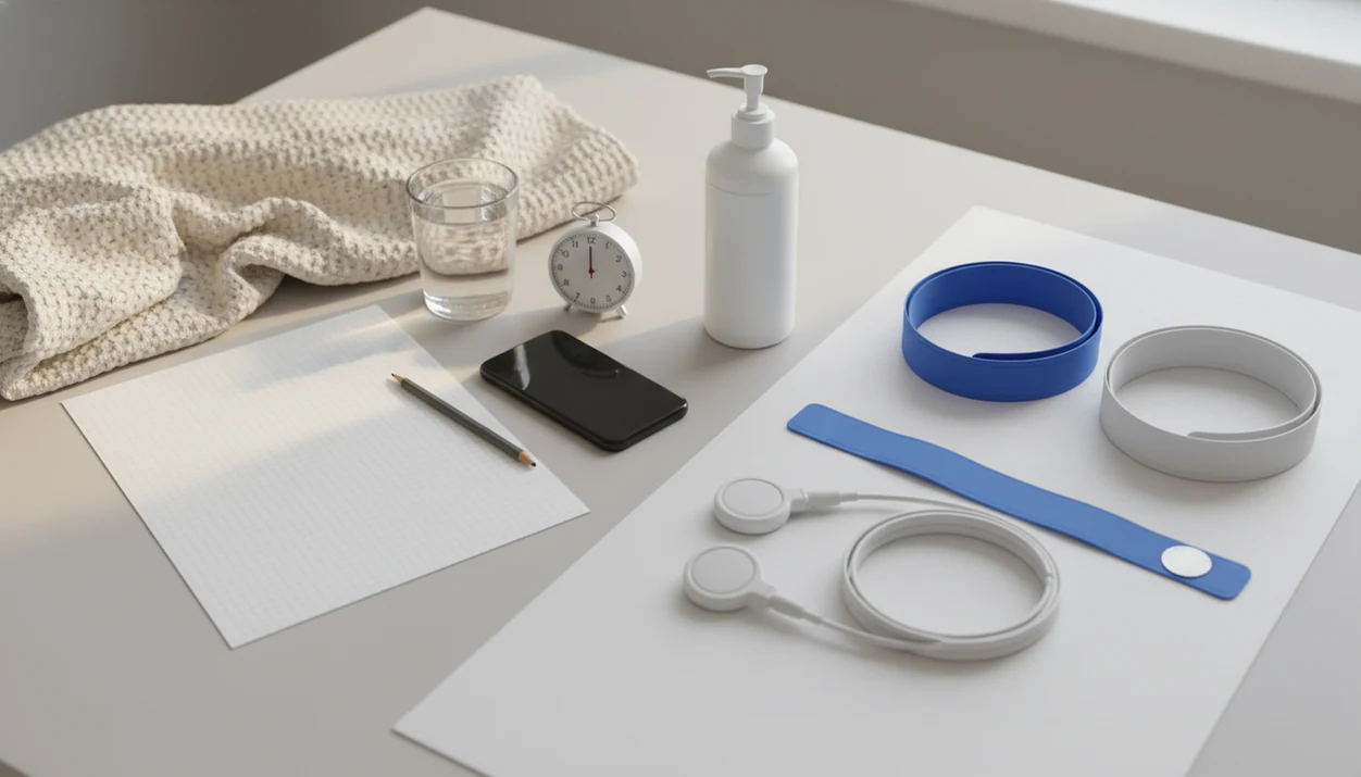 Home kick counting items sit beside clinical fetal monitoring equipment in a calm split-scene still life.